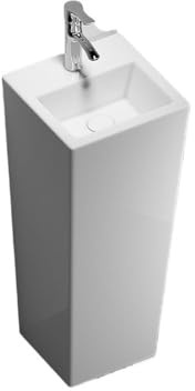 Lavabo sur pied Lavabo sur pied en porcelaine blanche, ensemble lavabo monobloc avec robinet argenté et kit de vidange