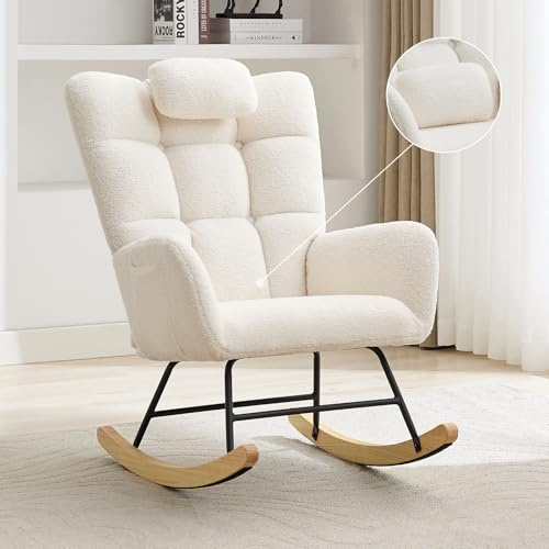 Garvee Nursery Rocking Chair, Teddy Upholstered Glider Rocking Chair with High Backrest, Armchair Reading Chair for Adults, Nursery, Bedroom, Living Room, Office, White Without Ottoman