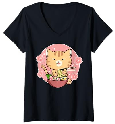 Mujer Lindo Gato Ramen con Palillos Sakura Blossom Camiseta Cuello V