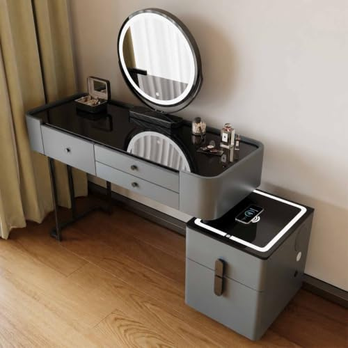 HSSTYLE Smart Dressing Table with Mirror and Lights, Wireless Charging, Bluetooth Speaker & USB Port, 5 Drawers, Reversible Side Cabinet, Stool Included, Vanity Table for Bedroom