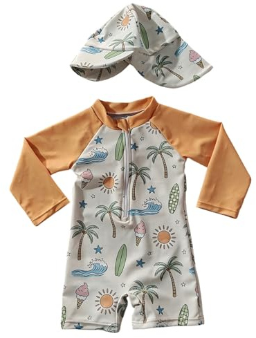 Generisk UV-skyddskläder baby, badkläder pojke flicka, onepiece, långärmad, rashguard, dragkedja, baddräkt med solmössa, strandkläder