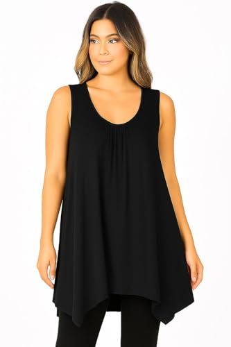 Womens Ladies Ruched Gathering Slouch Fit Hanky Hem Vest Flared Swing Long Top, XXL 20-22 Plus Size, Black - Basic Plain Hanky Hem Slouch Top