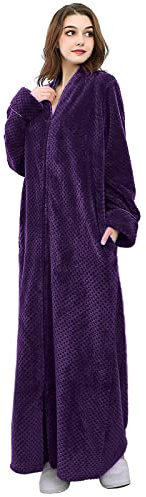 Hellomamma Womens Robes Warm Plush Winter Robe, Zip up Long Fleece Bath Robes Female, Zipper Bathrobes for Women Purple