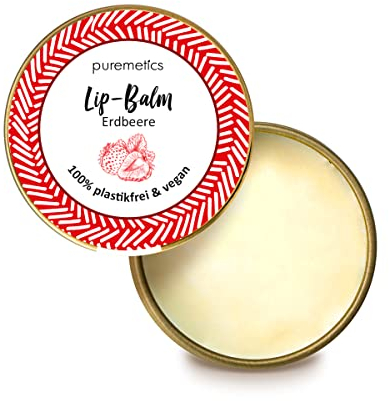 puremetics Zero Waste Lip Balm Erdbeere | 100% vegan & plastikfrei | Lippenpflege | ohne Plastik | wiederverwendbarer Weißblech-Tiegel