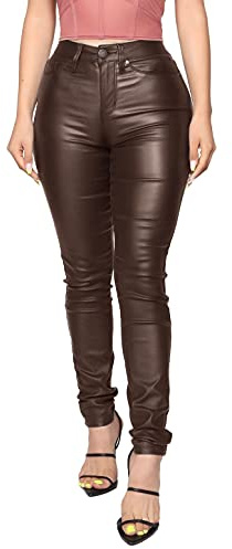 WAYRUNZ Womens High Waisted Stretch Faux Leather Pants PU Coated Legging Juniors (020-dark Coffe 5)