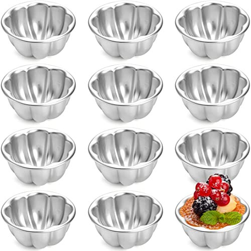 Mezchi 12 Pack Egg Tart Molds, Aluminum Alloy Pudding Jelly Molds, Reusable Cake Tartlets, Cupcake and Muffin Cups for Baking, Flower Shape, Non-sticky