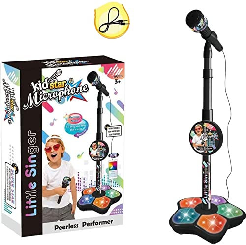 Musical Microphone with Stand Children's Karaoke Mic Amplifying Music Bracket Singing Toy with Lights Pedal Flashing Singing Toys 5350A (Black)