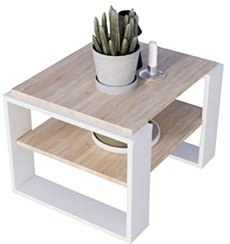 AKKE Kaja Couchtisch für Wohnzimmer Beistelltisch Wohnzimmertisch Modern Sofatisch Kaffeetisch Deko Möbel für Wohnzimmer Wohnzimmertische Couchtische Eiche Mit Weißen Beinen 63x44x54 cm