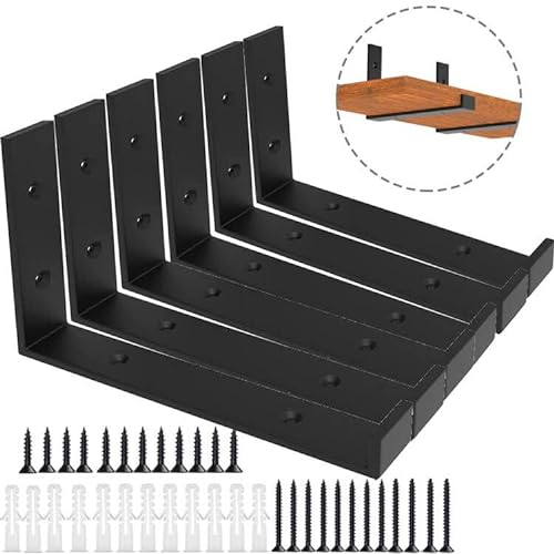 Heavy Duty Shelf Brackets – 6 Pack – 5mm Thick Carbon Steel – Industrial Black – 50 kg Load Capacity – Floating/Wall Mounted Support for Scaffold Board and DIY Floating Shelf, 235 × 40 × 150 mm