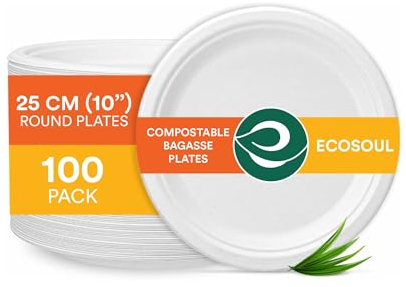 ECO SOUL Perlenweiß 10 Zoll Runde Einwegteller [100 Stück] | 100 % Kompostierbare Bagasse Teller aus Zuckerrohr | Biologisch Abbaubar, Mikrowellengeeignet, Stabil & Umweltfreundlich