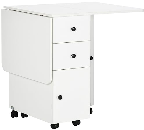 HOMCOM Folding Dining Table for 4-6, Rolling Drop Leaf Table with Storage Drawers, Cabinet and Open Shelf, Extendable Kitchen Table on Wheels, White
