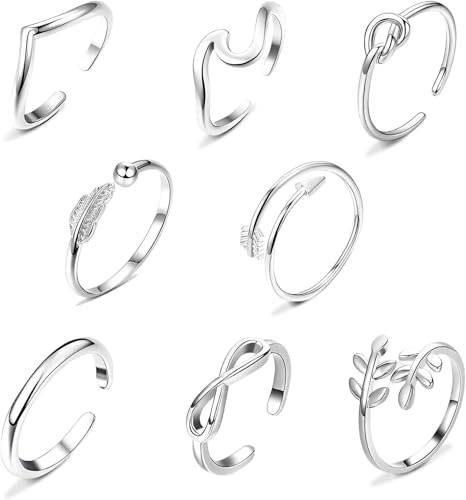 Toe Rings for Women Sterling Silver Set of 8 – Adjustable Open Thumb Rings 925 Silver, Stackable Toe Ring Pinky Finger Ring for Women