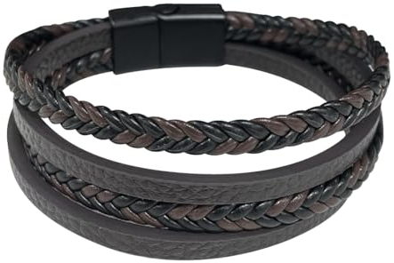 Jitnga Armband Herren, Männer Armband, Lederarmband Magnetverschluss Aus Edelstahl, Wickelarmband Leder Armband Naturstein Geflochtenes Armband Aus Geschenk Fuer Herren (Schwarz Und Braun)