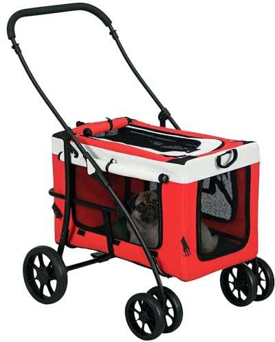 PawHut Dog Pram Dog Stroller Pet Pushchair with Detachable Carrier Soft Padding, Safety Leashes, for Mini and Small Dogs - Red