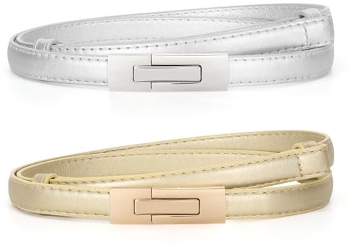 WERFORU Cinturón de piel para mujer, cinturón de cintura delgado ajustable, cinturón decorativo para vestidos, abrigo vaquero con hebilla giratoria dorada, Oro + plata., Länge 105cm Fit Taille Größe