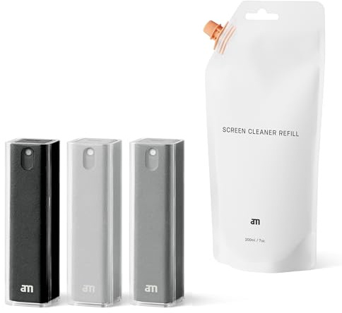 am Kit Pulizia Schermo con Ricarica da 200 ml e Panni in Microfibra – Per Smartphone, Tablet, Laptop, Monitor PC, Smart TV e Display Auto (Nero, Grigio chiaro, Grigio, 3 Pack)
