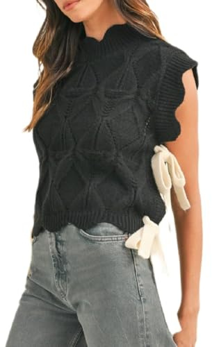 Pull sans manches à nouer sur le côté pour femme, col montant, manches courtes, gilet tricoté Y2K avec fente latérale en crochet, Noir , M