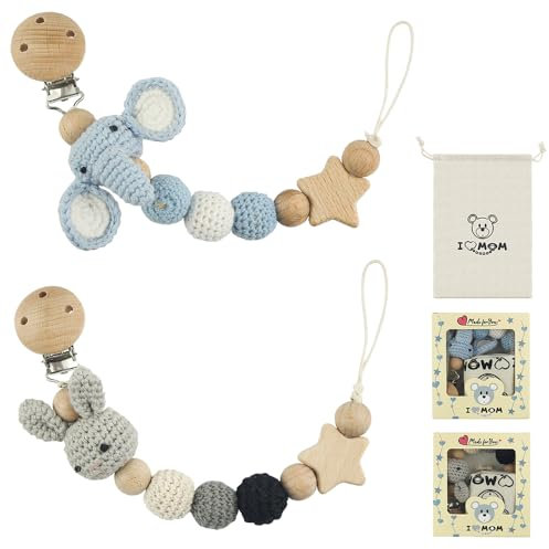 KUWUNG 2 Stück Handgemachte Schnullerkette, Kaninchen Design & Blaue Elefanten Geschenk für Babyparty, Geburtstag Weihnachten