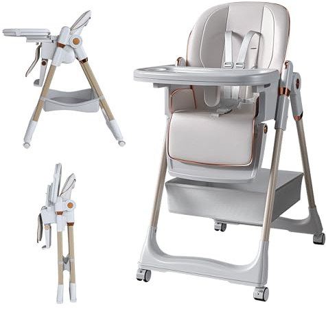 SmartEdge Baby High Chair for Babies and Toddlers, Foldable Feeding Chair with Wheels, Adjustable Seat Height, Backrest, Footrest, Removable Tray, PU Cushion, 5-Point Harness, White