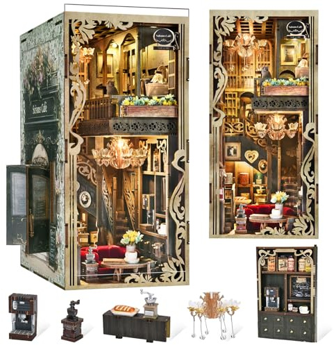 MiniCity Book Nook Kit DIY Miniature Serre-Livres Puzzle 3D en Bois avec Housse de Protection Contre la poussière pour Les Amateurs de Bricolage (Saisons café)