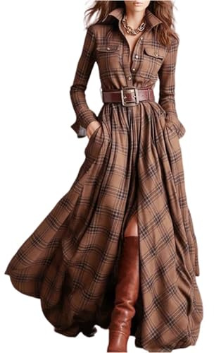 Robe tartan pour femme, robe chemise à carreaux à manches longues, robe longue boutonnée avec ceinture, ourlet asymétrique, robe mi-longue, décontractée, vintage, bohème, col en V, robe de vacances à