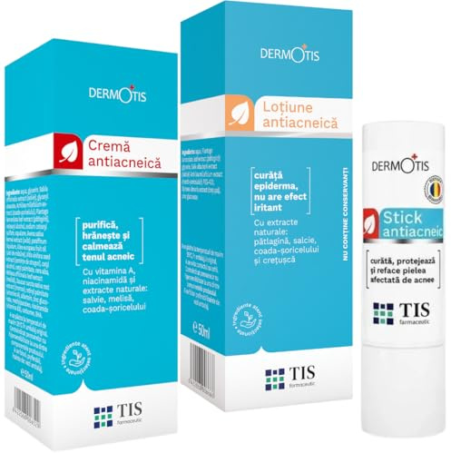 TIS Kit Anti-Acne - Crema + Lozione + Stick – Pelle Grassa/Mista, tendenza Acneica – Brufoli, Punti Neri e Imperfezioni, Purifica Pori – Riequilibra l'Ecesso di Sebo, Lenisce Rossori e Infiammazioni