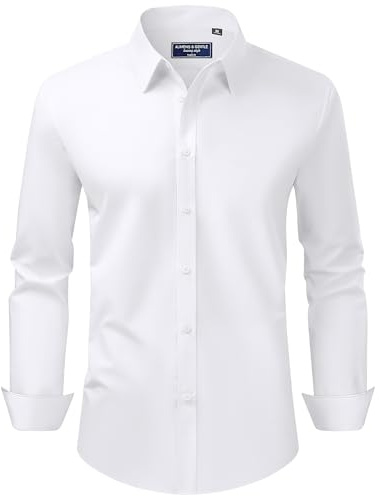 Alimens & Gentle White Men's Fashion Dress Shirts Long Sleeve Stain Shield Formal Shirt Work Casual Non Iron Button Down Shirts L