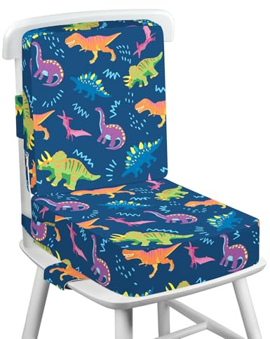 Rialzo Sedia Bambini 2 Pezzi, Disegni Animati Cuscino Rialzo sedia per Bambini da tavolo Lavabili con 3 Cinghie Regolabili, 36 x 32 x 10cm - Dinosauri (Blu Scuro)