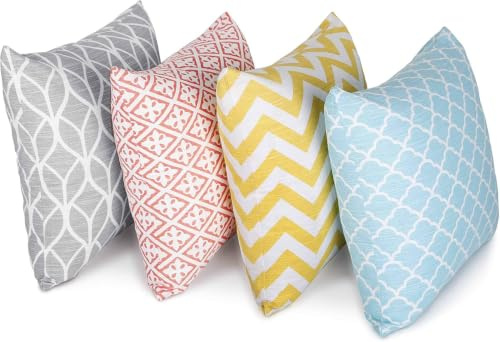 Penguin Home Set of 4 100% Slub Cotton Fabric Cushion Covers 45cm x 45cm Double Sided Square Pillow Covers with Invisible Zipper Pillow Cases for Living Room, Bedroom, Sofa (Mix)