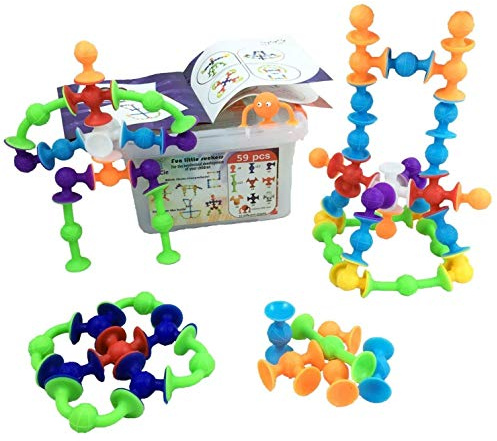 Jeu de Construction éducatif et créatif | 59 pcs: ventouses avec 10 Formes différentes + Boite de Rangement Plastique| Idéal pour Le Bain. pour garçons et Filles de 3 4 5 6+ Ans