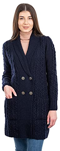 SAOL 100% lana merino irlandese signore collo scialle cappotto cardigan con tasche, Navy, M