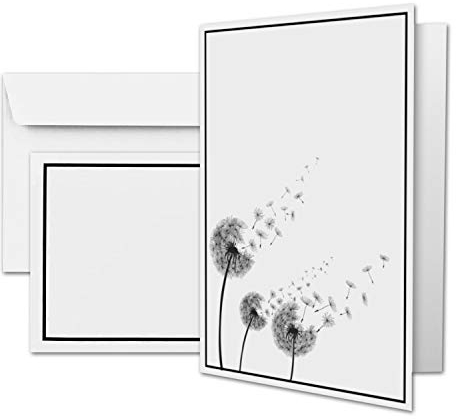 25 x Trauerkarte DIN A6 Motiv Pusteblumen + Trauerumschläge DIN C6 - schwarzer Trauer-Rahmen - 10,5 x 14,8 cm - Doppelkarte bedruckbar - Kondolenz Set für Danksagung, Einladung, Anzeige Trauer
