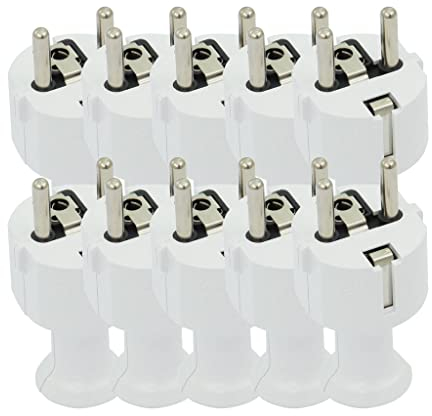 KEL 10 Stück Uni Schuko Stecker Weiß 16A / 250 V - Schutzkontaktstecker mit IP20 Schutzklasse - für den Innenbereich - 2p+Z - Uni Schukostecker aus Kunstoff