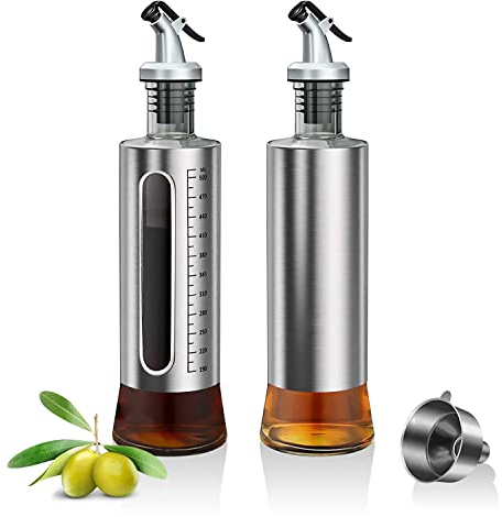 ACEWARMS Oil dispenser bottle for kitchen, Olive oil bottles with drizzlers, Vinegar bottles, 500ml 2Pack glass soy sauce bottles with lids+Stainless steel funnel (500ml 2Pack)