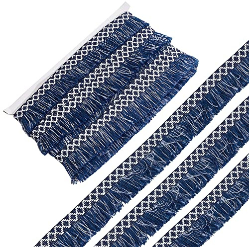 GORGECRAFT 10M x 3.5cm Wide Tassel Fringe Trim White Navy Blue Rhombus Pattern Fabric Lace Trimming Tassel Thread Edge Ribbon for DIY Sewing Crafts Home Drapery Curtain Pillow Table Clothes Decor