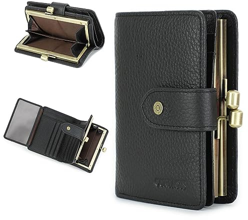 Contacts Damen-Geldbörse, Kussschloss, RFID-Geldbörse, 11 Kartenfächer, zweifach gefaltetes Leder, Clutch mit Ausweisfenster, Schwarz , S, Casual