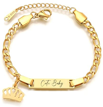 JewelryWe Personligt armband barn baby rostfritt stål högglans polerad figurkedja, barnarmband, babyarmband, armkedja med gravyr för pojke flicka, Trä Läder Trä Snäckskal Läder