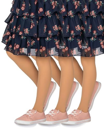 looksy 3er-Pack einfarbige beige Strumpfhosen für Mädchen, 40 DEN, blickdichte, weiche Mikrofaser, Kinderstrumpfhosen mit Fuß, für Freizeit, Tanz, Schule, Ballett, Set mit 3 Paaren, Natural 146/152 cm