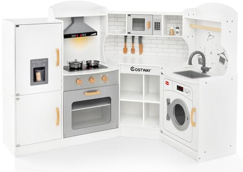 COSTWAY Kids Corner Play Kitchen, 9-in-1 Wooden Pretend Cooking Playset with Realistic Lights & Sounds, Accessory Utensils, Children's Chef Role Play Set for Boys Girls (White)