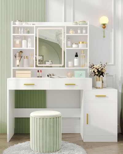 Hzuaneri Schminktisch, Große Tischplatte mit Spiegel, 3 Schubladen und 1 Schrank, Offene Mehrstufige Regale, für Schlafzimmer, Garderobe, 40 x 130 x 149 cm, Weiß DT20003X
