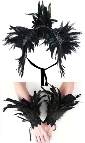 Niceyoeuk Women Feather Cape with Wrist Cuffs Wristband Maleficent Costume Gothic Lacing Shawl Shrug Collar Feather Cape for Halloween Cosplay Christmas Party