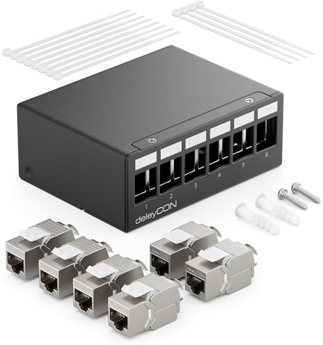 deleyCON 6 Porte CAT7 Set di Pannelli Patch con 6x CAT.7 RJ45 Modulo Jack Keystone STP 10 Gbit/s - Compatibile con Cavo di Installazione CAT6 CAT6a CAT7 CAT8 Cavo di Rete Ethernet LAN DSL - Nero