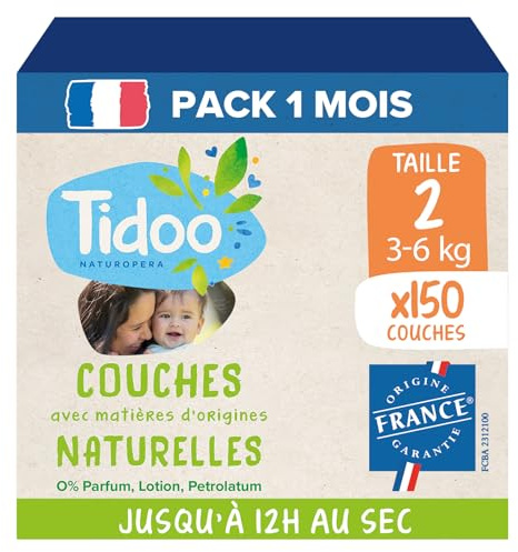 Tidoo – Pañales ecológicos talla 2 (3-6 kg) – Origen natural, libre de sustancias nocivas – 12 horas secas, ultra absorbentes – Fabricado en Francia – 150 capas desechables – Paquete de 1 mes