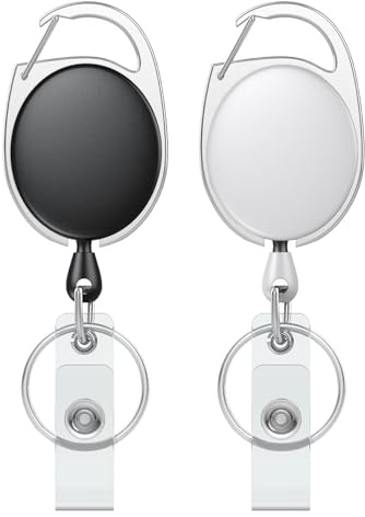 Uniclife 2 Pcs Llavero Retráctil Porta ID Retráctiles Portatarjetas Llavero Retráctil Resistente Carcasa ABS Reforzada Muelle de Acero Inox Cable Nylon 61 cm Mosquetón Anilla Llaves Blanco & Negro
