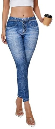 Gellmall Legging aspect jean pour femme - Taille haute - Avec poches - Jeans élastiques - Pantalon de yoga - S-XL, bleu, L