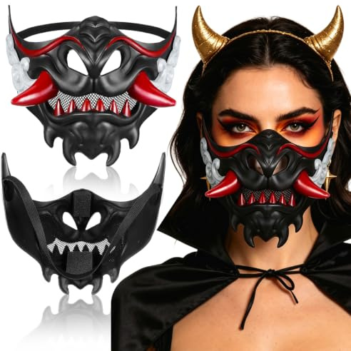 Samurajmask för män och kvinnor, japansk cosplay-mask med justerbart elastiskt band, ventilerande, för festivaler och halloweenfester