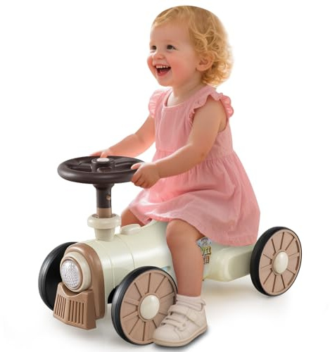 COSTWAY Coche Correpasillos para Niños, Coche Deslizante con Volante, Botón de Silbato de Tren, Espacio de Almacenamiento Debajo del Asiento, Juguete Correpasillos para Niños de 19-36 Meses (Beige)
