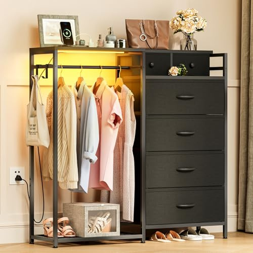 Coleshome Chest of Drawers Bedroom with Hanging Rail, Built-in LED Lighting and Power Socket, Reversible 6-Drawer Design, Fabric Chest of Drawers for Bedrooms and Living Rooms, 110 x 30 x 106cm, Black