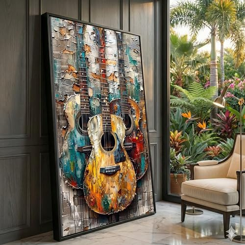 XINBAO Quadro su tela con chitarre vintage, dipinto astratto di strumenti musicali, decorazione rustica, opera d'arte a tema rock (40x70 cm/cornice interna)