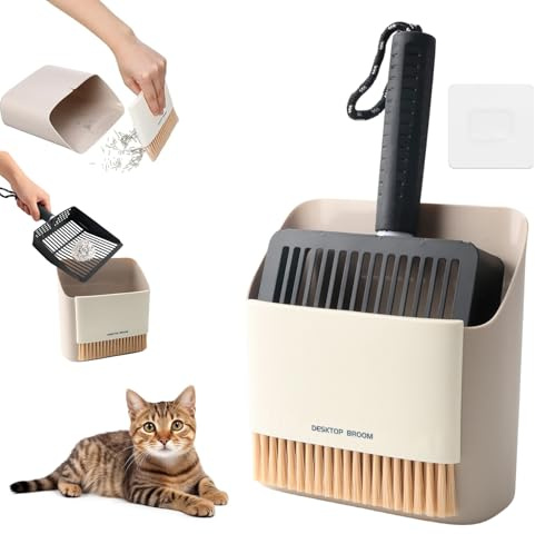 XHYASD Set Paletta Lettiera Gatto in Acciaio Inox, Kit da 3 Pezzi con Contenitore e Scopino di Pulizia, Paletta in Metallo Ergonomica con Setaccio per Sabbia e Lettiera Gatti